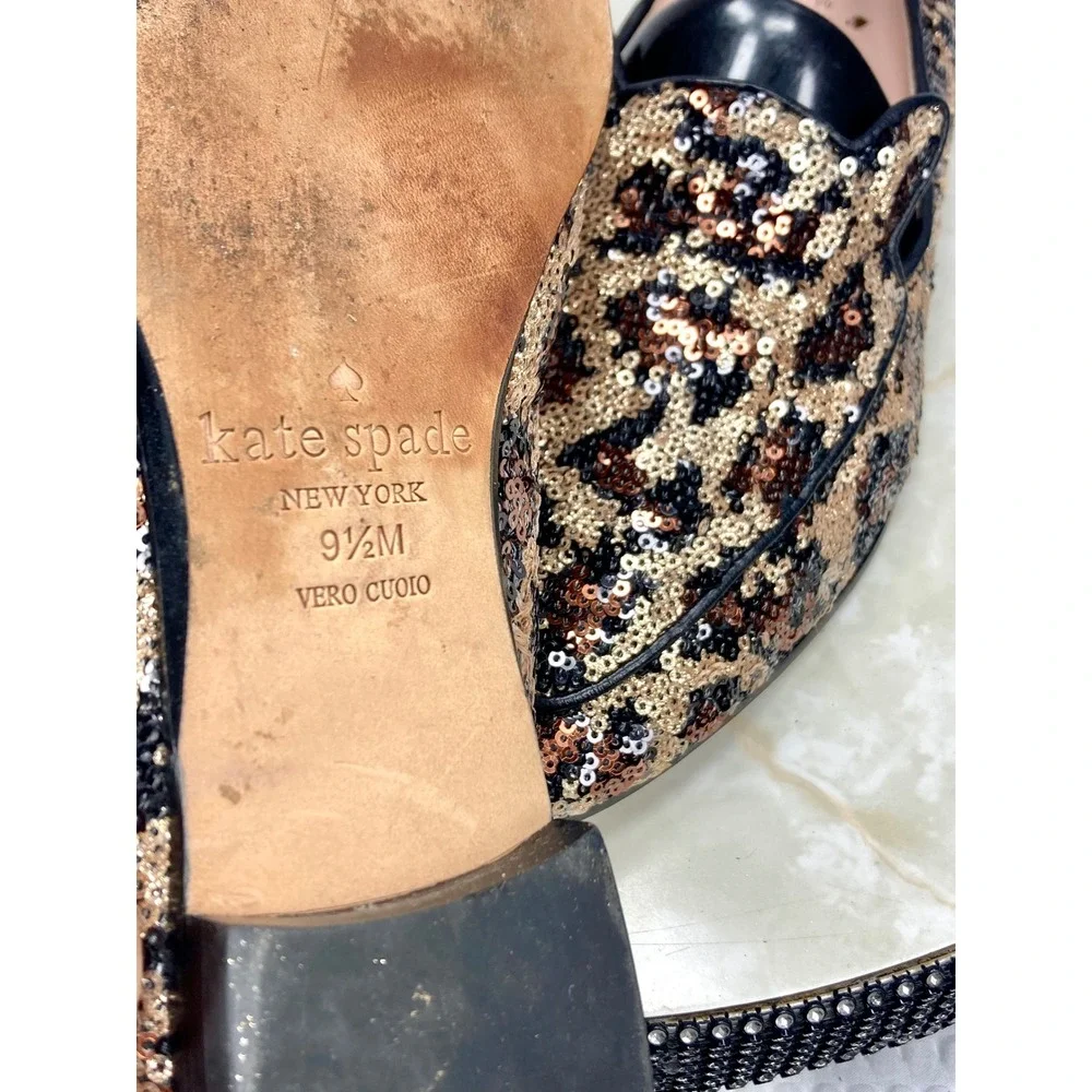 Kate Spade Sequin Leopard Print Loafers Womens 9.5 Gold Black Evening Party Flat